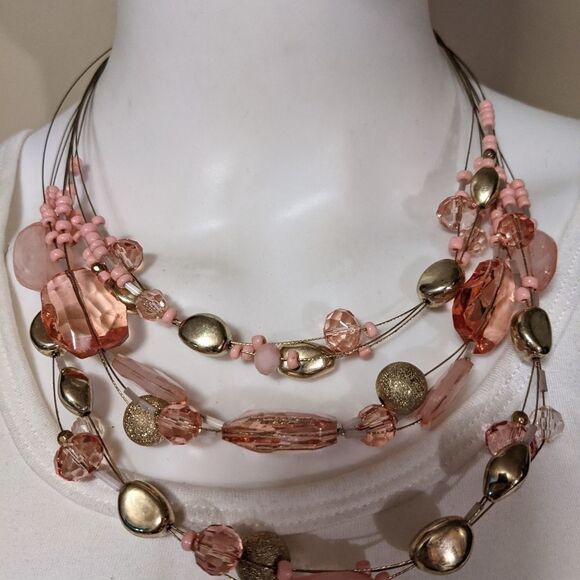 Vintage pink & silver wire multi layer necklace - Picture 2 of 4